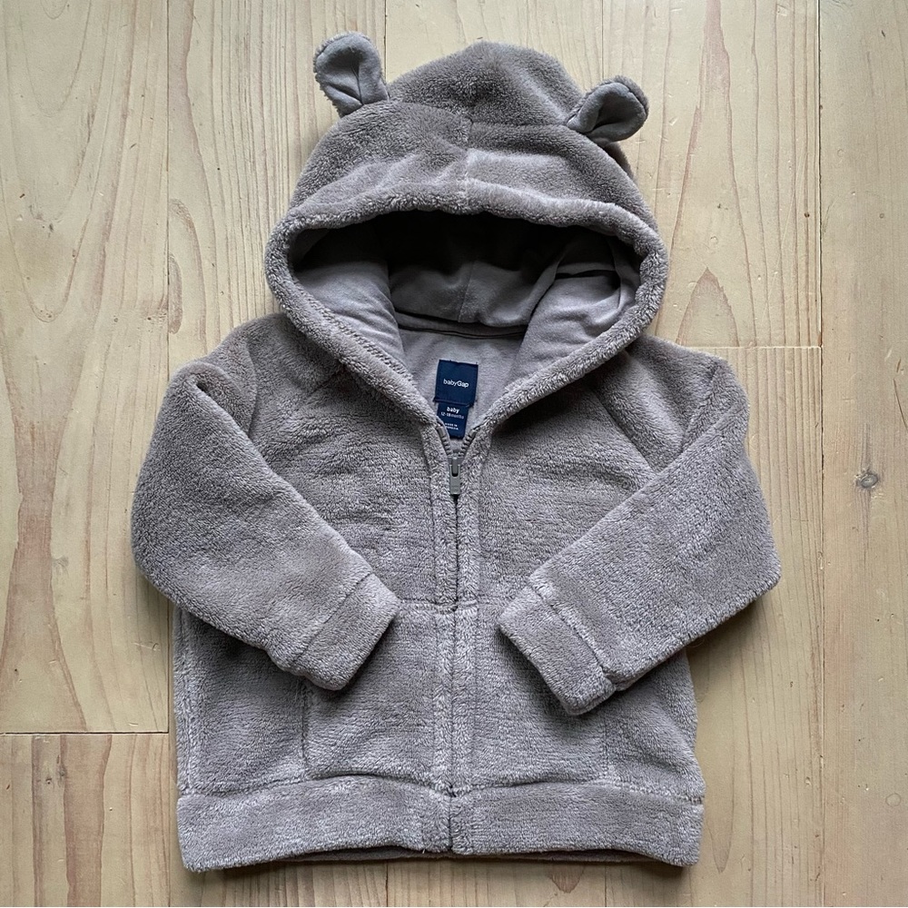 Baby Gap Grey Fleece Bear Hoodie Zip Jacket with Ears Size 12-18 months